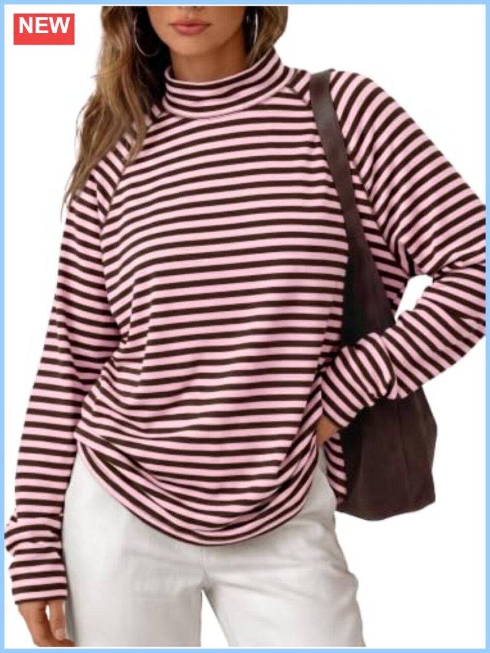 Striped Mock Neck Long Sleeve T-Shirt Cotton Blend Oversized Top